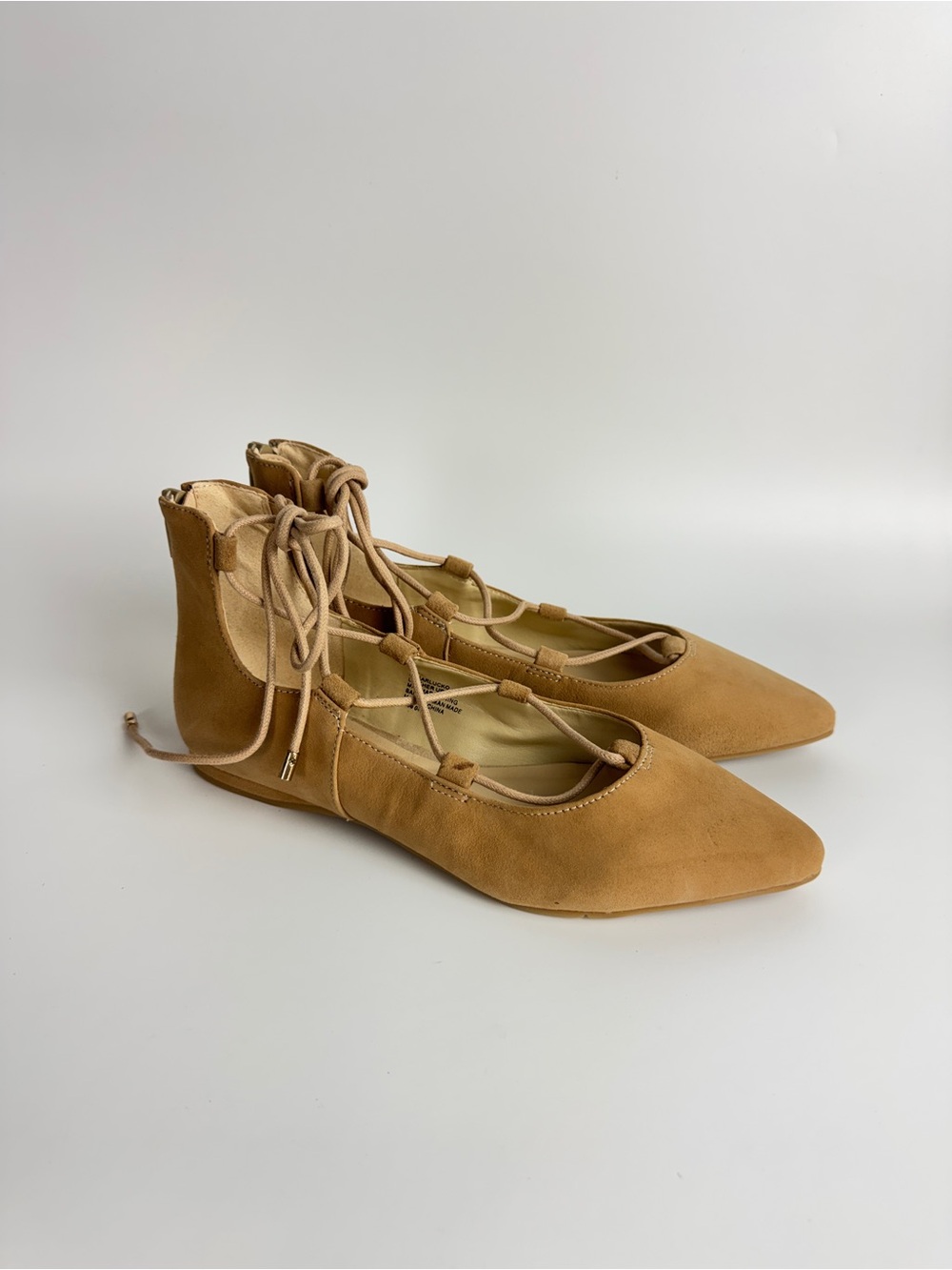 Nine West Women Tan Lace-Up Pointed Ballet Flats